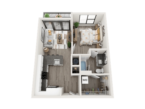 Floor plan for 1 bed, 1 bath, 631 sqft
